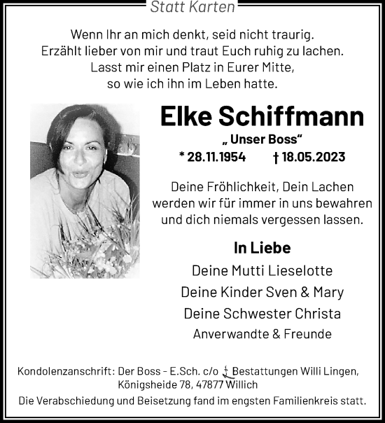 Traueranzeige von Elke Schiffmann von trauer.extra-tipp-moenchengladbach.de
