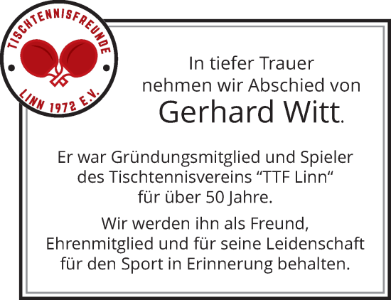 Traueranzeige von Gerhard Witt von trauer.mein.krefeld.de