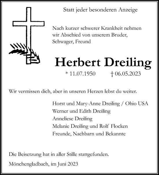 Traueranzeige von Herbert Dreiling von trauer.extra-tipp-moenchengladbach.de