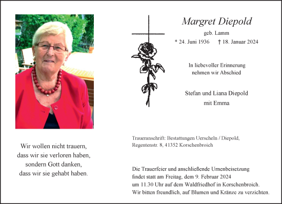 Traueranzeige von Margret Diepold von trauer.extra-tipp-moenchengladbach.de