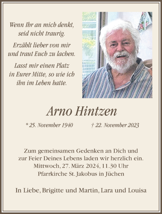 Traueranzeige von Arno Hintzen von trauer.stadt-kurier.de