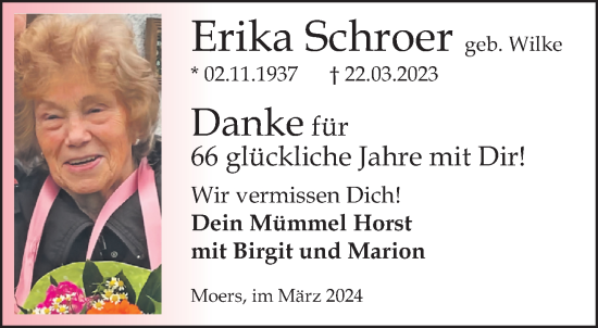 Traueranzeige von Erika Schroer von trauer.extra-tipp-moenchengladbach.de