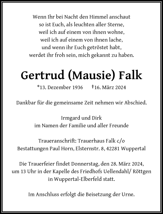 Traueranzeige von Gertrud Falk von trauer.wuppertaler-rundschau.de