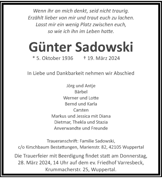 Traueranzeige von Günter Sadowski von trauer.wuppertaler-rundschau.de