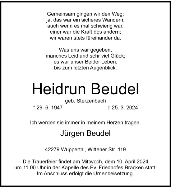 Traueranzeige von Heidrun Beudel von trauer.wuppertaler-rundschau.de