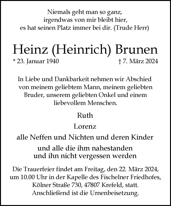 Traueranzeige von Heinz Brunen von trauer.extra-tipp-moenchengladbach.de