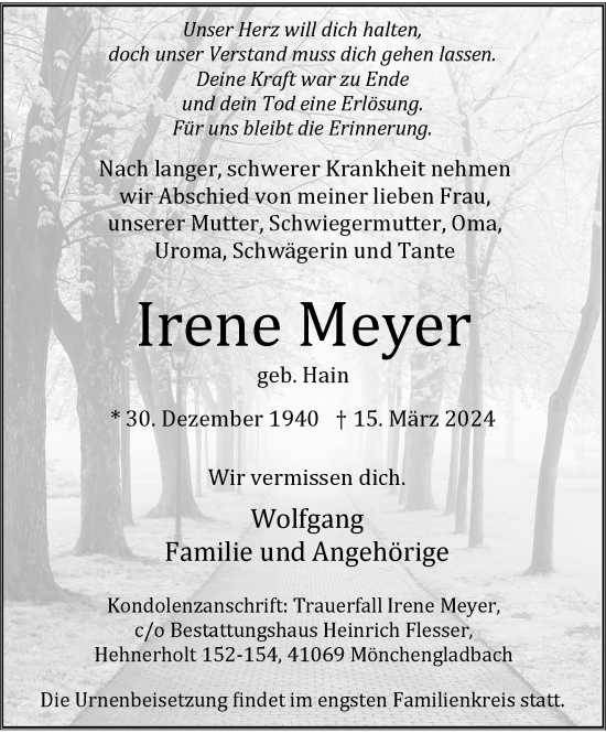 Traueranzeige von Irene Meyer von trauer.extra-tipp-moenchengladbach.de