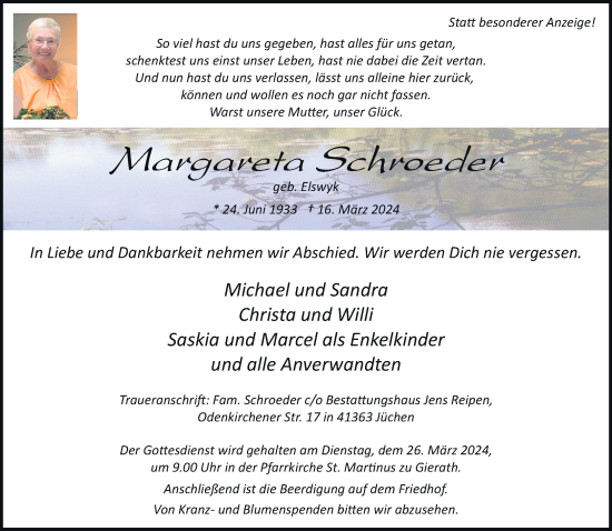 Traueranzeige von Margareta Schroeder von trauer.stadt-kurier.de