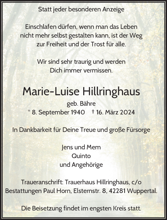 Traueranzeige von Marie-Luise Hillringhaus von trauer.wuppertaler-rundschau.de
