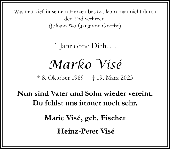 Traueranzeige von Marko Vise von trauer.extra-tipp-moenchengladbach.de