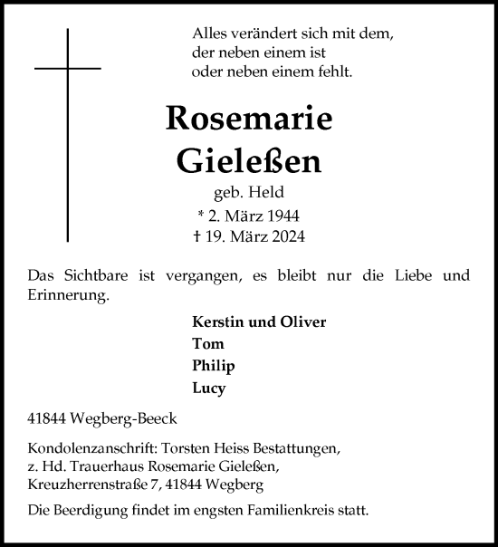 Traueranzeige von Rosemarie Gieleßen von trauer.extra-tipp-moenchengladbach.de