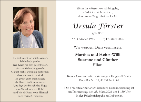 Traueranzeige von Ursula Förster von trauer.extra-tipp-moenchengladbach.de