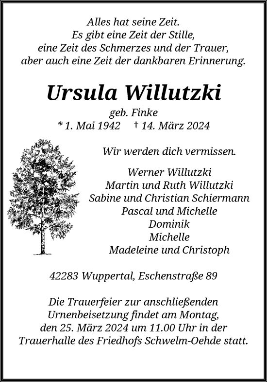 Traueranzeige von Ursula Willutzki von trauer.wuppertaler-rundschau.de