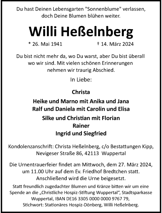 Traueranzeige von Willi Heßelnberg von trauer.wuppertaler-rundschau.de