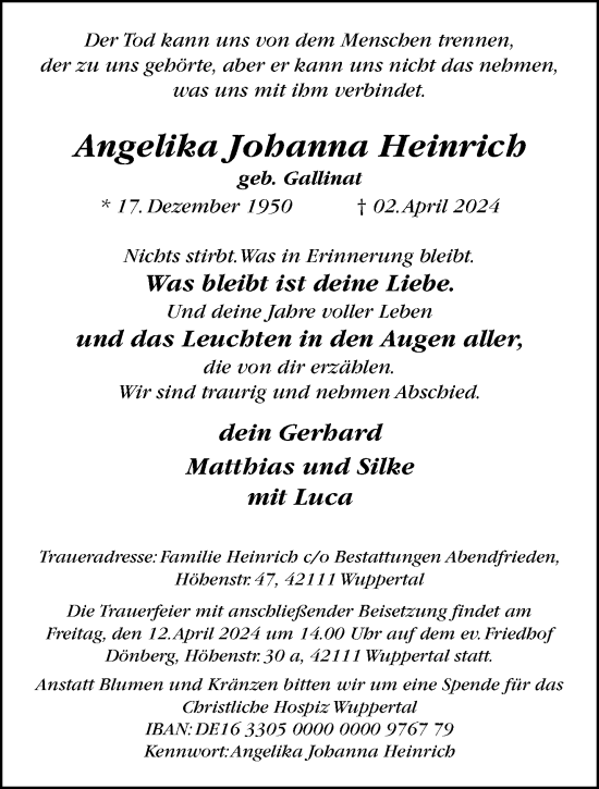 Traueranzeige von Angelika Johanna Heinrich von trauer.wuppertaler-rundschau.de