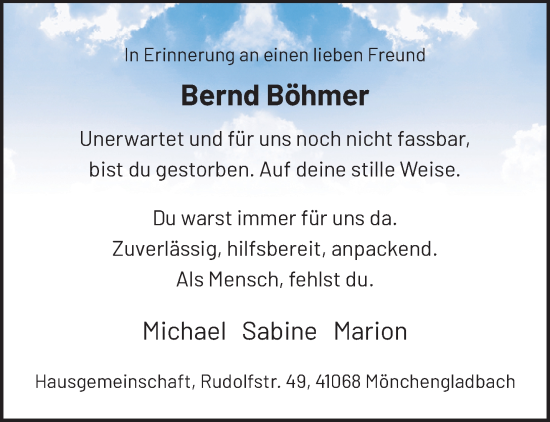 Traueranzeige von Bernd Böhmer von trauer.extra-tipp-moenchengladbach.de