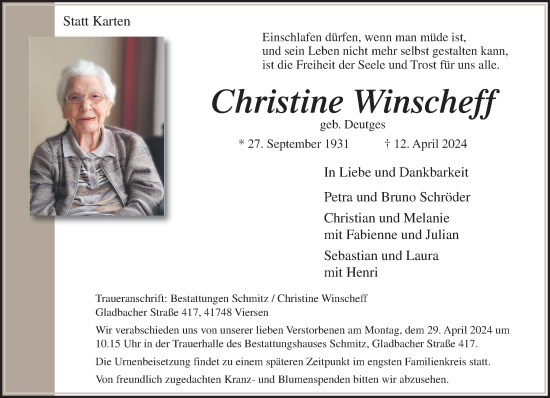 Traueranzeige von Christine Winscheff von trauer.extra-tipp-moenchengladbach.de