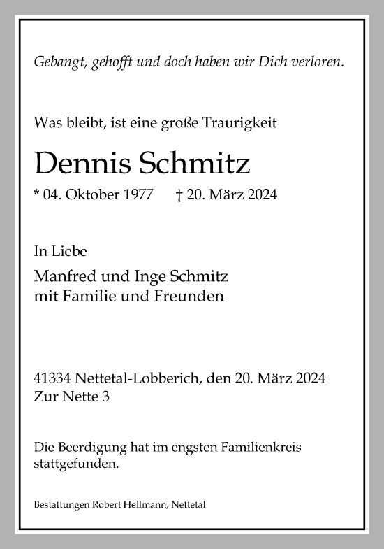 Traueranzeige von Dennis Schmitz von trauer.extra-tipp-moenchengladbach.de