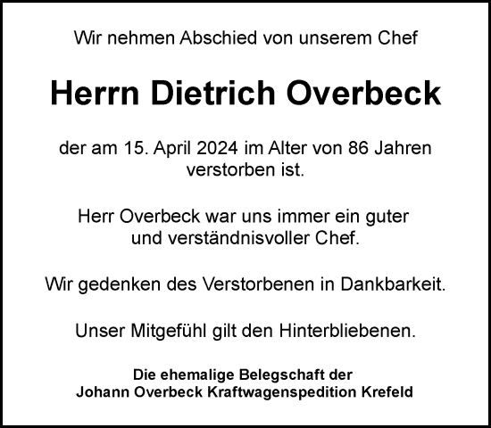 Traueranzeige von Dietrich Overbeck von trauer.extra-tipp-moenchengladbach.de