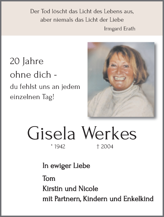 Traueranzeige von Gisela Werkes von trauer.extra-tipp-moenchengladbach.de