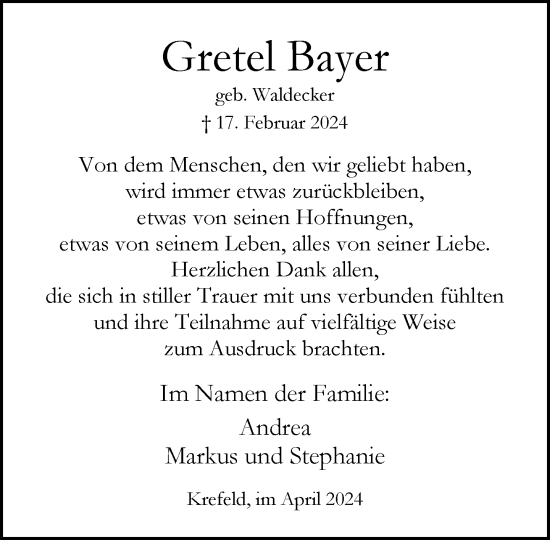 Traueranzeige von Gretel Bayer von trauer.extra-tipp-moenchengladbach.de