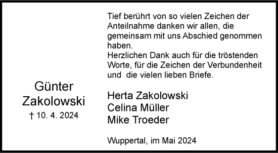 Traueranzeige von Günter Zakolowski von trauer.wuppertaler-rundschau.de