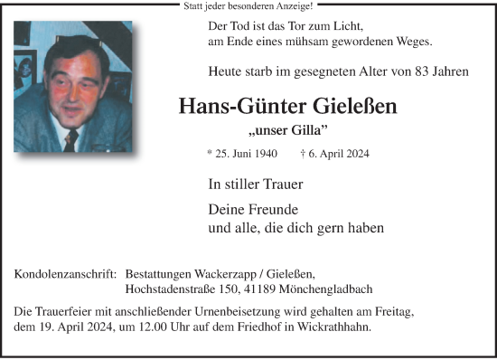Traueranzeige von Hans-Günter Gieleßen von trauer.extra-tipp-moenchengladbach.de
