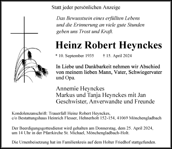 Traueranzeige von Heinz Robert Heynckes von trauer.extra-tipp-moenchengladbach.de