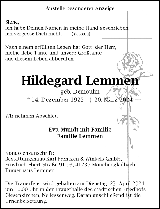 Traueranzeige von Hildegard Lemmen von trauer.extra-tipp-moenchengladbach.de