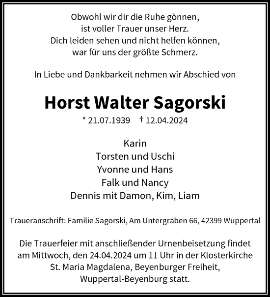 Traueranzeige von Horst Walter Sagorski von trauer.wuppertaler-rundschau.de
