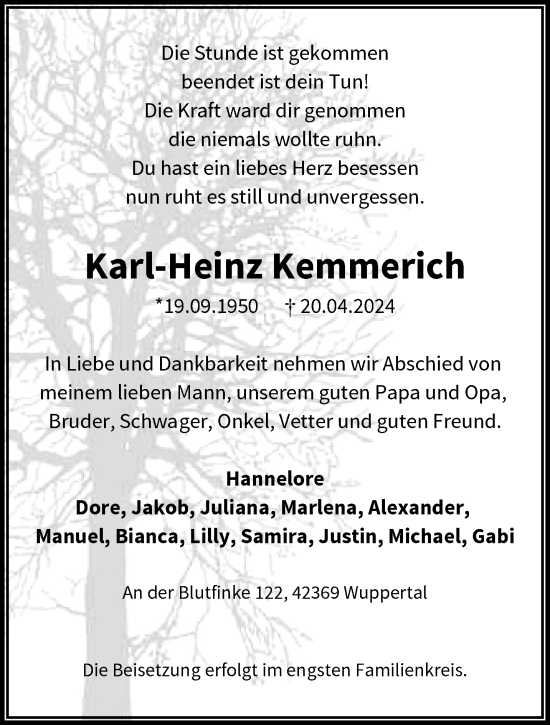Traueranzeige von Karl-Heinz Kemmerich von trauer.wuppertaler-rundschau.de