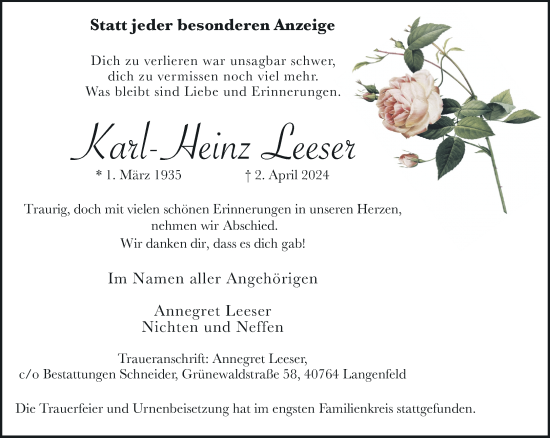 Traueranzeige von Karl-Heinz Leeser von trauer.wuppertaler-rundschau.de