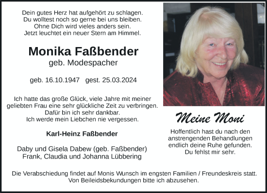 Traueranzeige von Monika Faßbender von trauer.extra-tipp-moenchengladbach.de