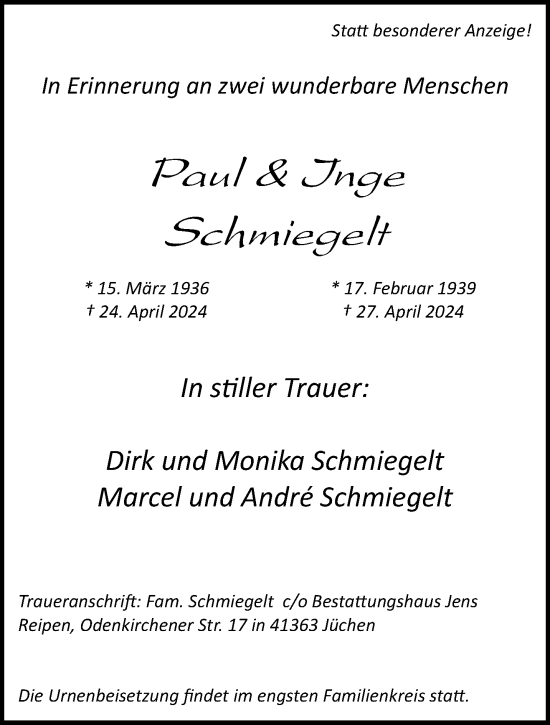 Traueranzeige von Paul und Inge Schmiegelt von trauer.stadt-kurier.de