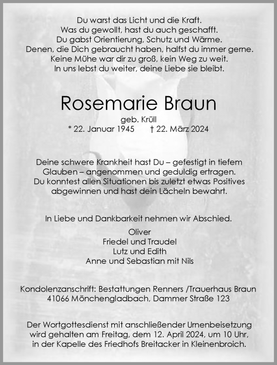 Traueranzeige von Rosemarie Braun von trauer.extra-tipp-moenchengladbach.de