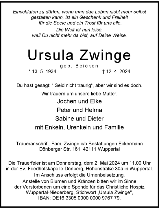Traueranzeige von Ursula Zwinge von trauer.wuppertaler-rundschau.de