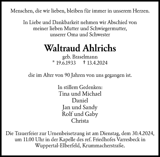 Traueranzeige von Waltraud Ahlrichs von trauer.wuppertaler-rundschau.de