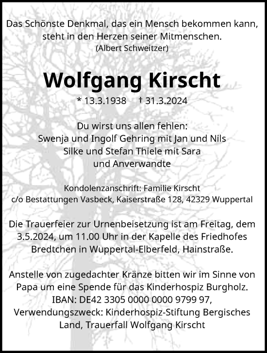 Traueranzeige von Wolfgang Kirscht von trauer.wuppertaler-rundschau.de