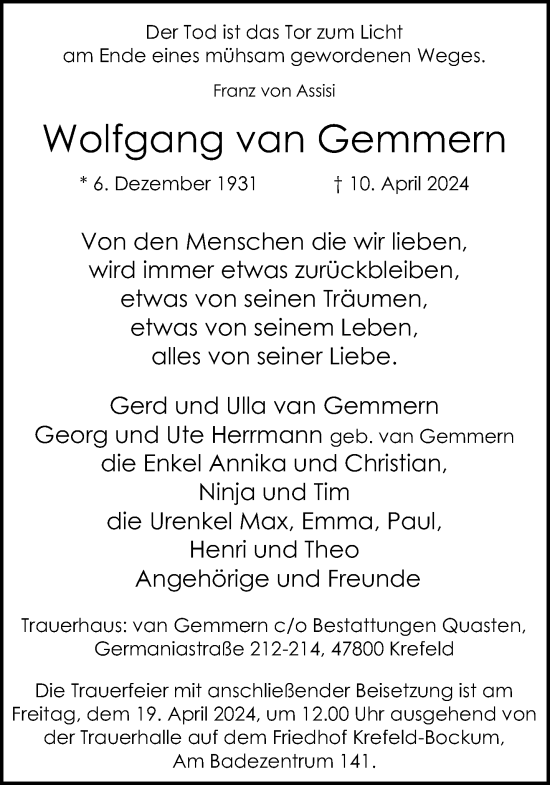 Traueranzeige von Wolfgang van Gemmern von trauer.extra-tipp-moenchengladbach.de